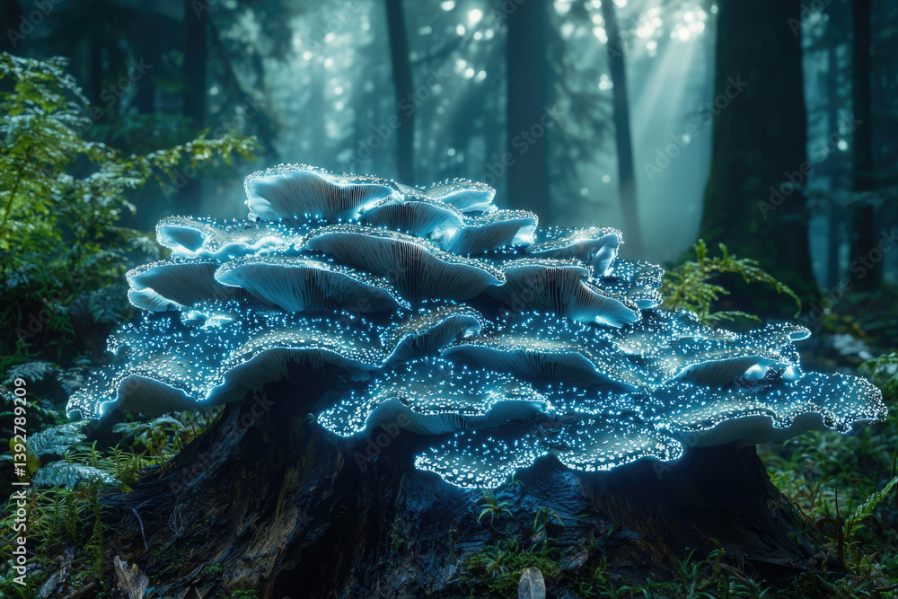 Poster Luminous mushrooms on a decaying log illuminate a mystical forest with ethereal glow and enchanting bioluminescence, bathed in soft, dappled sunlight.