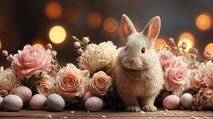 Easter gray bunny sitting in flowers and eggs on a blurred background.