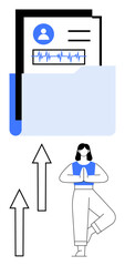 Folder with health records above a meditating person in tree pose and upward arrows indicating progress. Ideal for health tracking, wellness, self-care, balance, growth, fitness, mindfulness. Flat