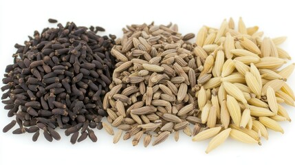 Fototapeta premium Spiced for Flavor A Close-Up of Aromatic Cumin, Cloves, and Caraway Seeds on White Background
