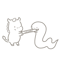 今年の干支のバトンを渡すヘビとバトンを受け取るウマ　白黒