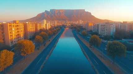 Sunrise over Table Mountain, Cape Town, with canal and cityscape.