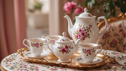 Fototapeta premium Elegant Floral Tea Set in Pink Rose Design for Graceful Indoor Gatherings