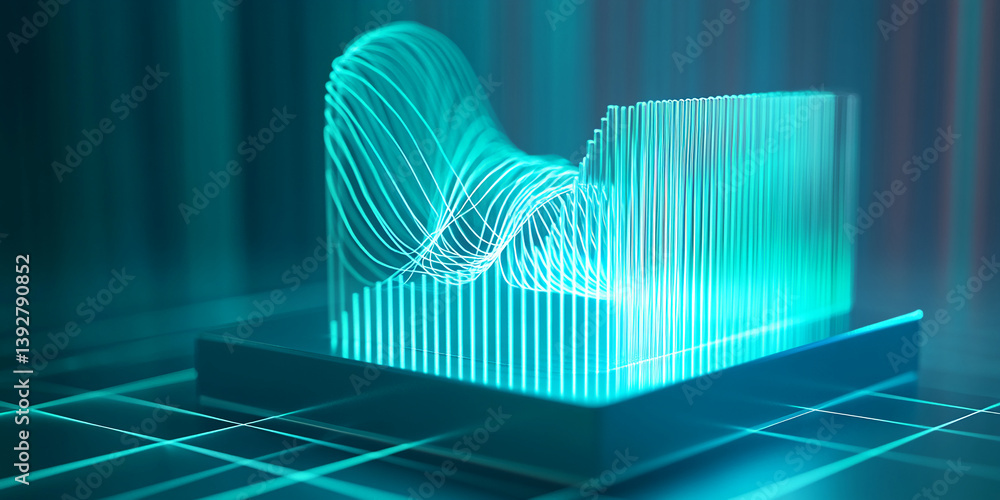 Poster abstract teal light lines form a wave-like structure on a dark platform, creating a futuristic and d