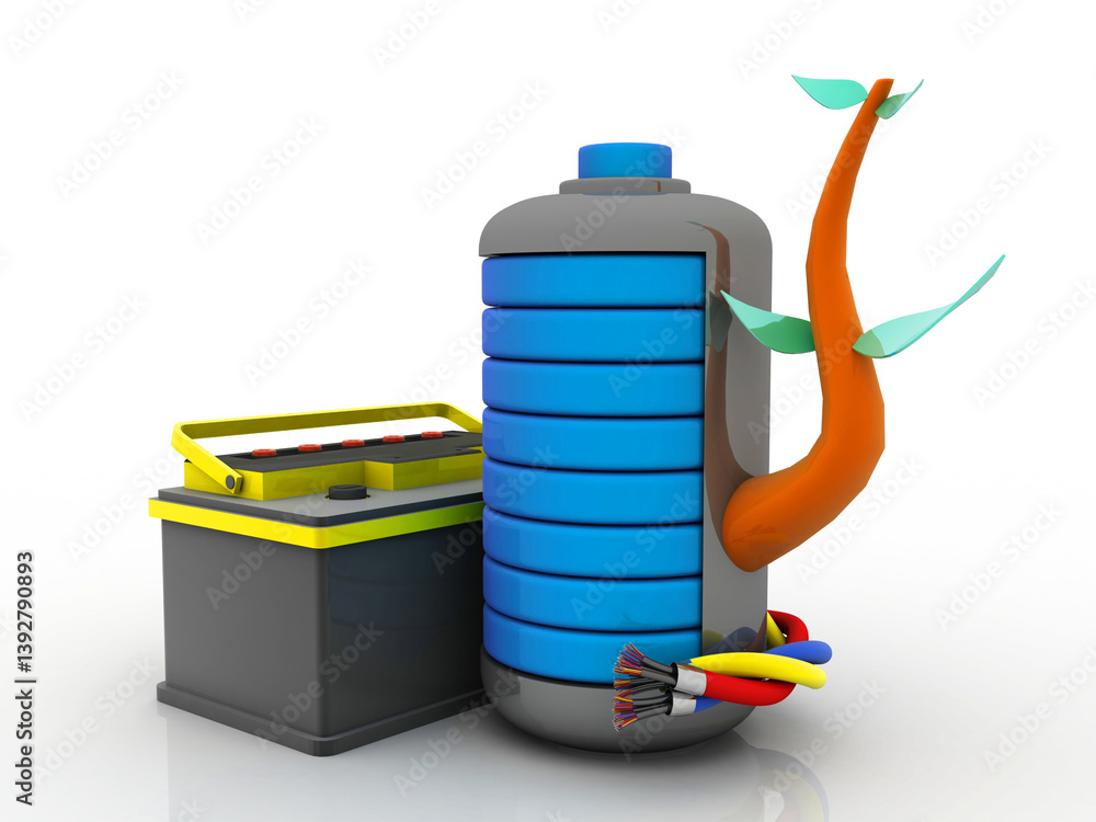 Poster 3d rendering electrical energy and power supply source concept, accumulator inverter battery with ch