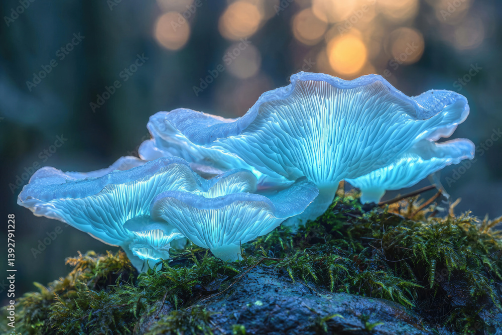 Poster a close-up shot of bioluminescent mushrooms glowing with a soft blue light, growing on a moss-covere