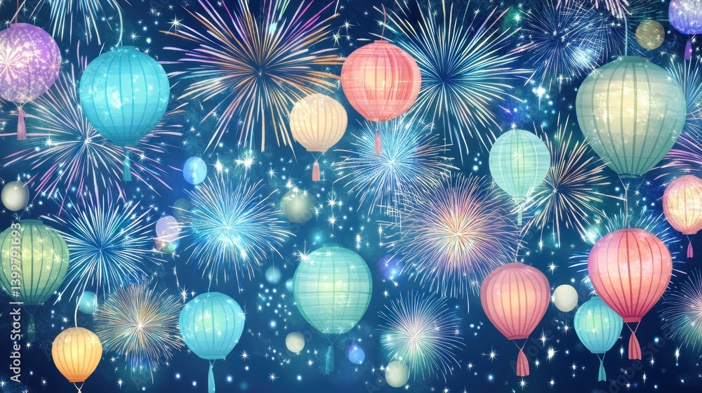 Poster festive celestial display with floating lanterns and radiant fireworks