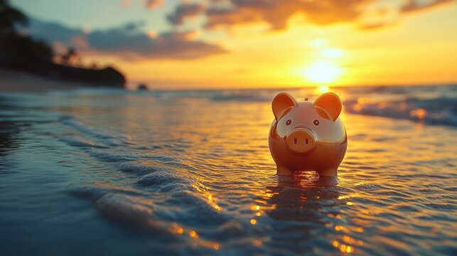 Piggy bank on beach at sunset. (1) - Powered by Adobe