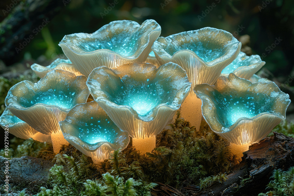 Poster glowing mushrooms illuminated by a blue light on a mossy forest floor, creating a magical and ethere