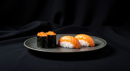 "A gourmet sushi platter featuring a close-up of a fresh salmon and avocado roll, with two pieces of salmon nigiri on a matte black plate