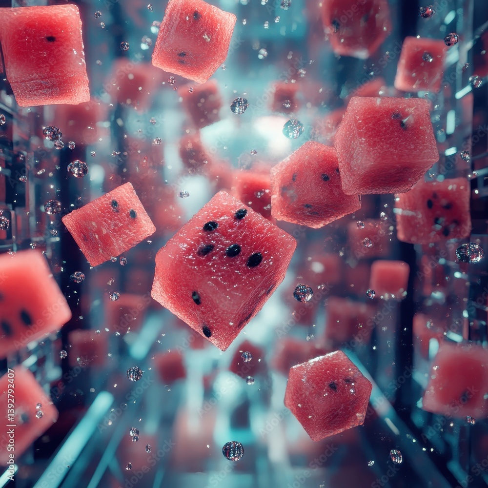 Aufkleber floating watermelon cubes in a surreal abstract environment with bubbles and reflections