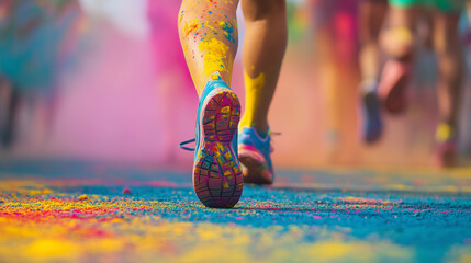 Dynamic close-up of a runner’s legs during a color run, surrounded by vibrant Holi powder. Perfect for themes of sports, celebration, energy, and festival promotions	
