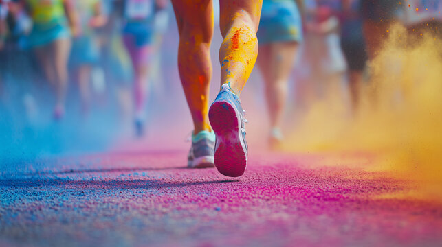 Dynamic close-up of a runner’s legs during a color run, surrounded by vibrant Holi powder. Perfect for themes of sports, celebration, energy, and festival promotions	
