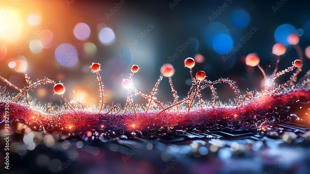 Wall mural abstract organic glow of microflora with colorful bokeh lights in a dark background
