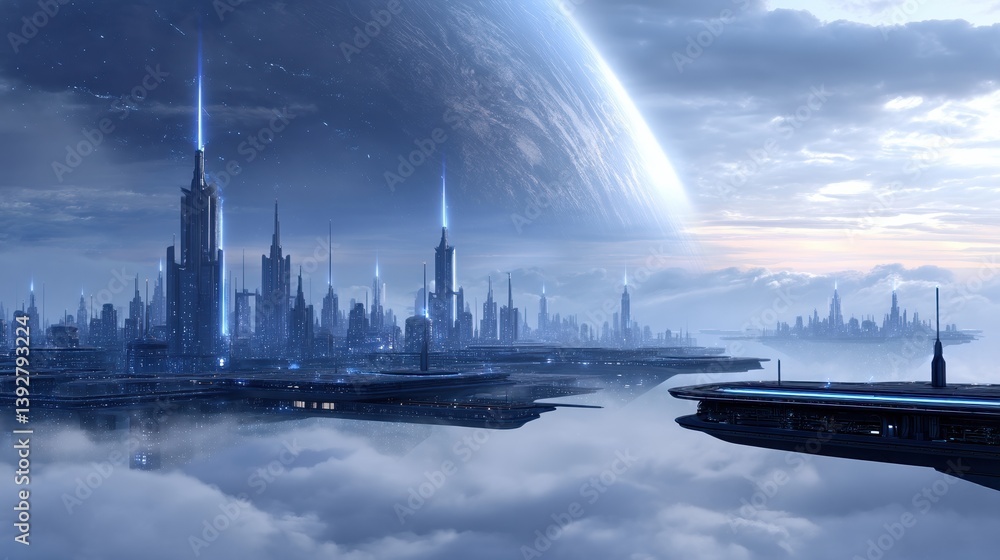Poster a futuristic cityscape with towering structures and a distant planet, enveloped in clouds, creating 