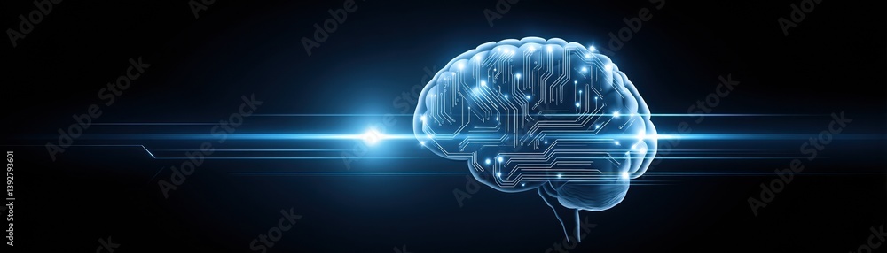 Poster a futuristic depiction of a brain integrated with digital circuits, symbolizing the intersection of 