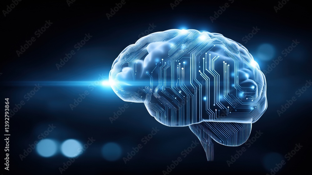 Poster a digital representation of a brain infused with circuitry, symbolizing the fusion of technology and