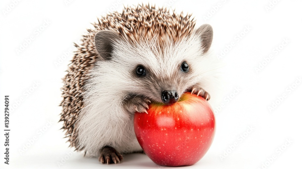 Poster cute hedgehog holds a red apple while sitting against a white background in a studio setting with br