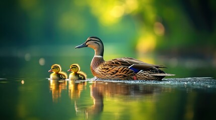 Mother duck with ducklings on tranquil lake