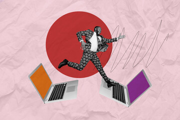 Creative sketch image art collage of happy businessman run laptop keypad screen freelancer occupation wear formal suit job