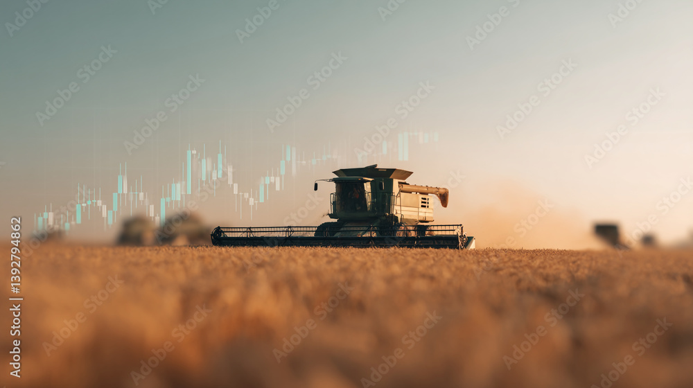 Poster a combine harvester in a field with a stock market chart overlayed on a hazy and bright sky view
