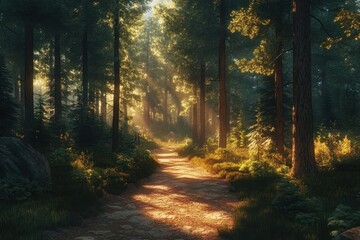 Obraz premium Sunlight filters through trees along a serene forest pathway during late afternoon