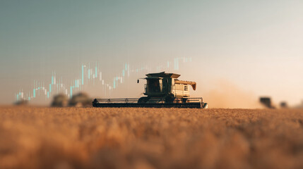 Fototapeta premium A combine harvester in a field with a stock market chart overlayed on a hazy and bright sky view