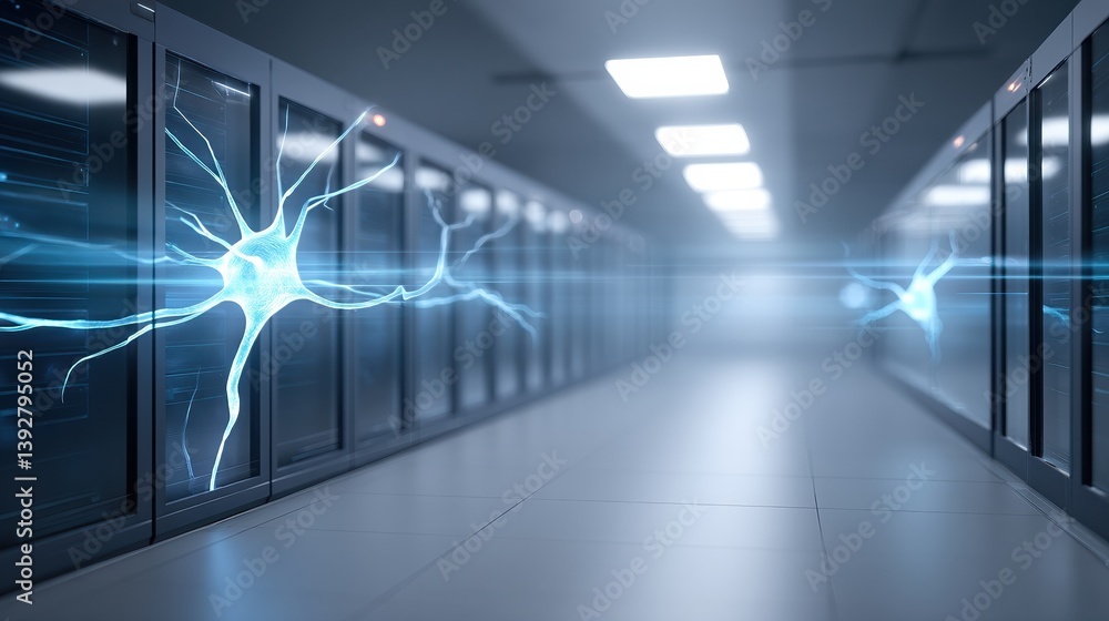 Poster a futuristic data center with glowing neural connections, symbolizing advanced technology and connec