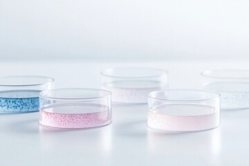 petri dishes featuring colorful microbial cultures on white laboratory workbench