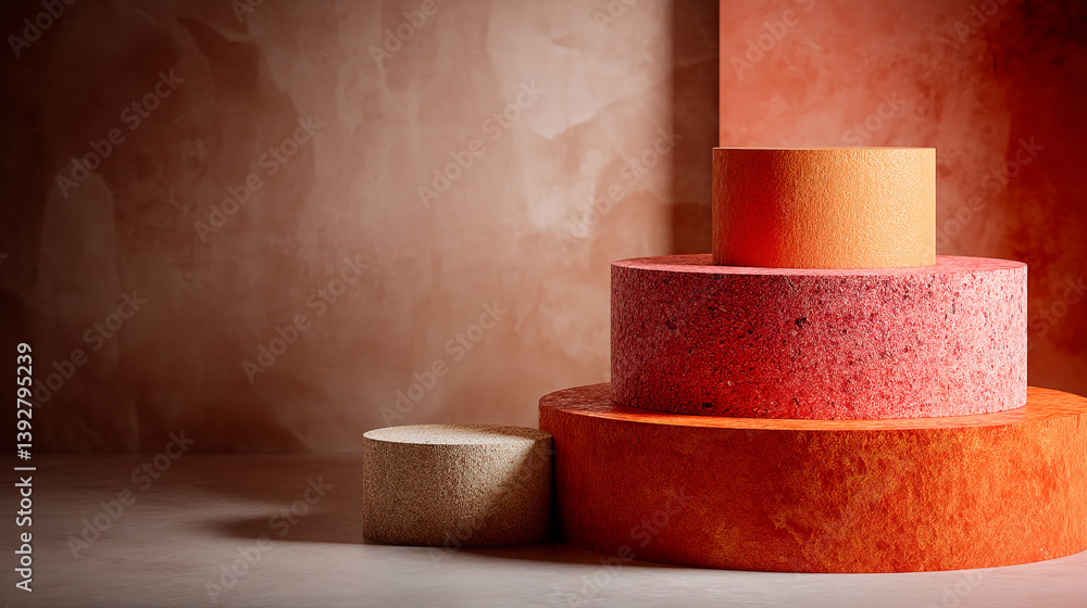 Poster stacked orange and red cylindrical podiums against a textured brown background, showcasing a product