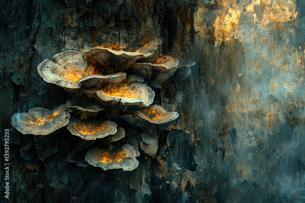 Poster Glowing mushrooms cluster on a weathered tree trunk, creating a magical, bioluminescent effect in the forest.