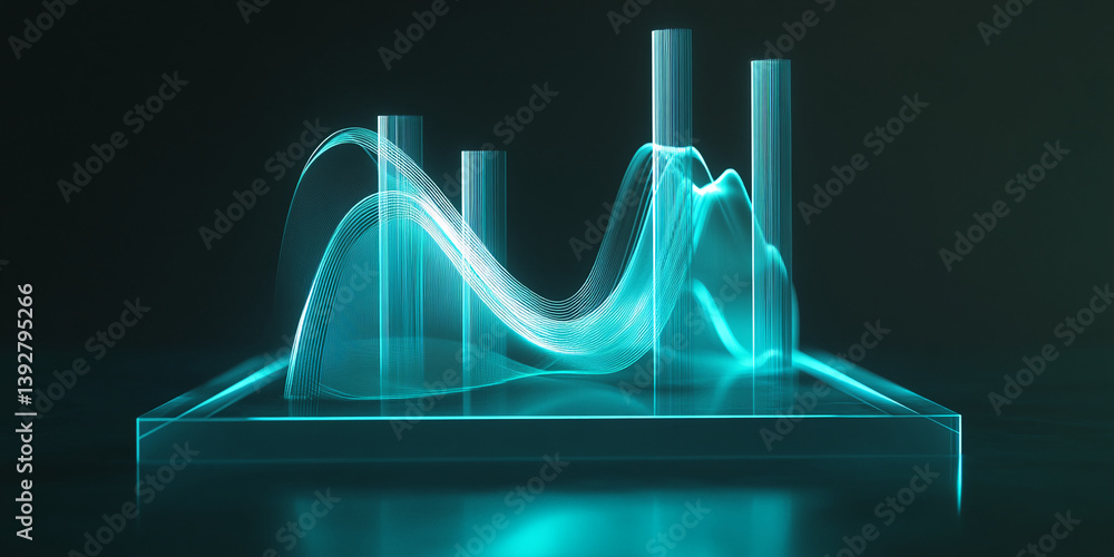 Poster abstract teal light streaks and glass columns on a glass platform, creating a futuristic, dynamic sh
