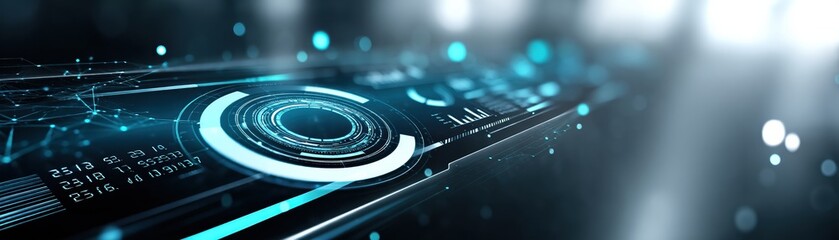 A futuristic digital interface with glowing elements, displaying data and graphs in a sleek, tech-inspired design.