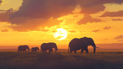Elephant family walking across the African savanna during a vibrant sunset, creating a stunning silhouette against the golden sky.