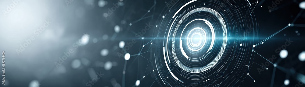 Poster a futuristic, abstract design featuring glowing circular patterns and a network of lines, evoking te