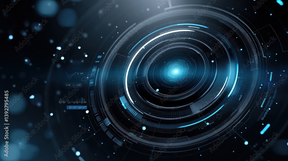 Poster a futuristic digital interface featuring circular patterns, glowing elements, and a sleek design, ev