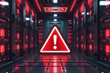 A futuristic data center illuminated by striking red warning lights, featuring a prominent triangular alert sign with an exclamation mark.