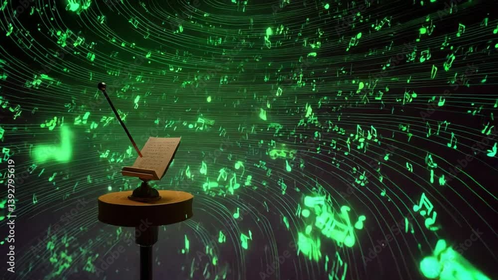 Poster conductor's stand surrounded by floating green musical notes generative ai