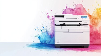 Modern multifunction printer against colorful background.