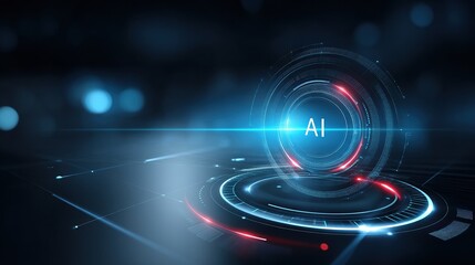 A futuristic digital representation highlighting "AI" in a high-tech environment with glowing circular elements and a dark background.
