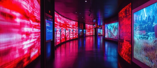 Immersive Digital Art Installation Showcasing Vibrant Visuals in a Curvilinear Hallway