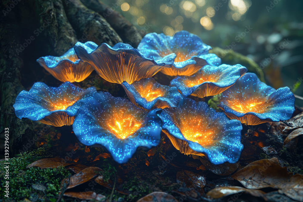 Poster glowing mushrooms with blue caps and radiant orange centers illuminate a forest floor near a tree ro