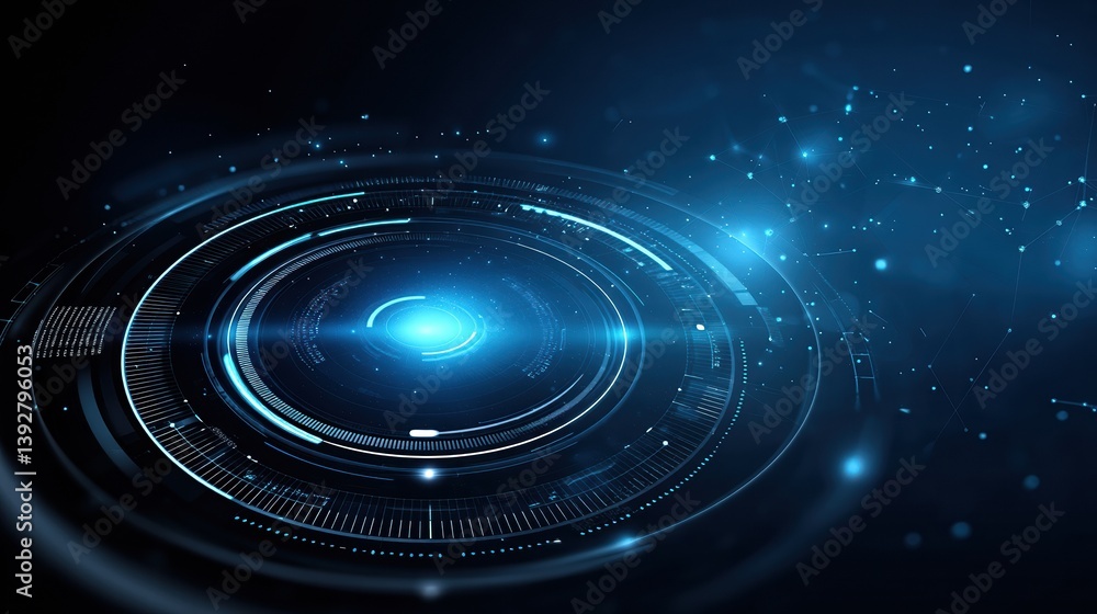 Poster a futuristic, glowing circular design with blue tones and digital elements, suggesting advanced tech