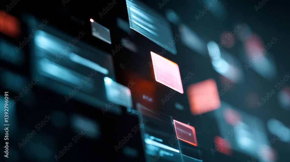 Poster abstract display of glowing squares and rectangles in blue and red on a dark background