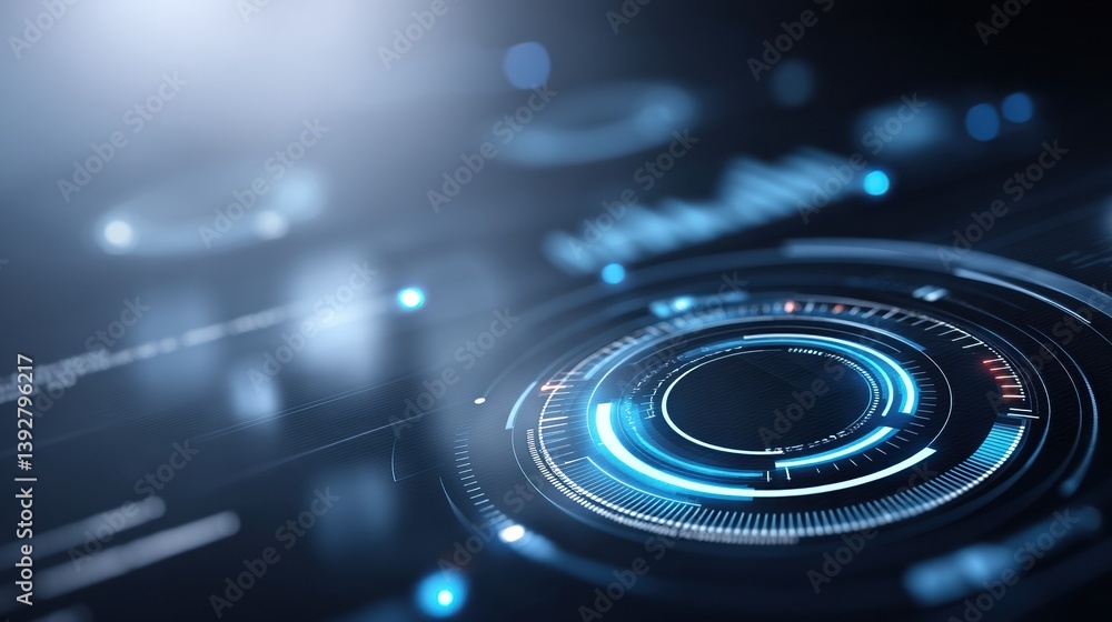Poster a futuristic, digital interface with glowing circular elements and intricate designs, suggesting adv