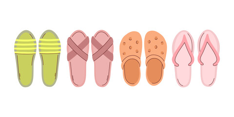Vector illustration showcasing a collection of colorful summer sandals lined up in a row, featuring different styles and colors against a white background.