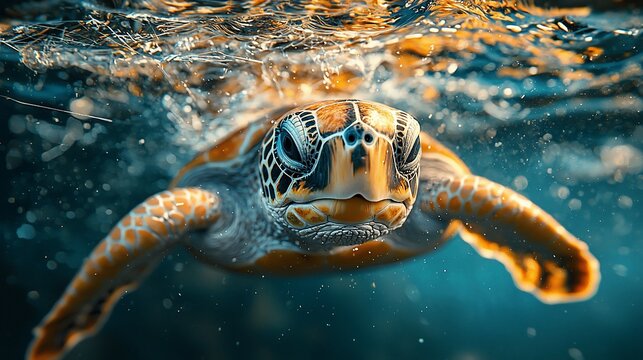 Baby sea turtle swimming underwater