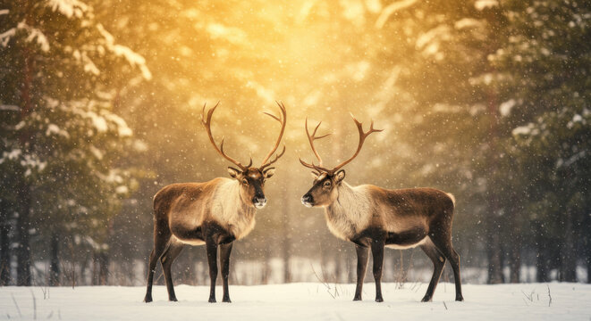Two reindeer standing in snow during golden hour - Powered by Adobe