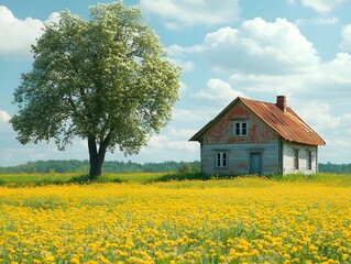 Rustic wooden cabin surrounded by golden wildflower meadow, soft sunlight illuminating weathered structure against gentle clouded background in serene rural setting
