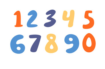 Colorful Hand Drawn Numbers Set, 0-9, Simple Illustration